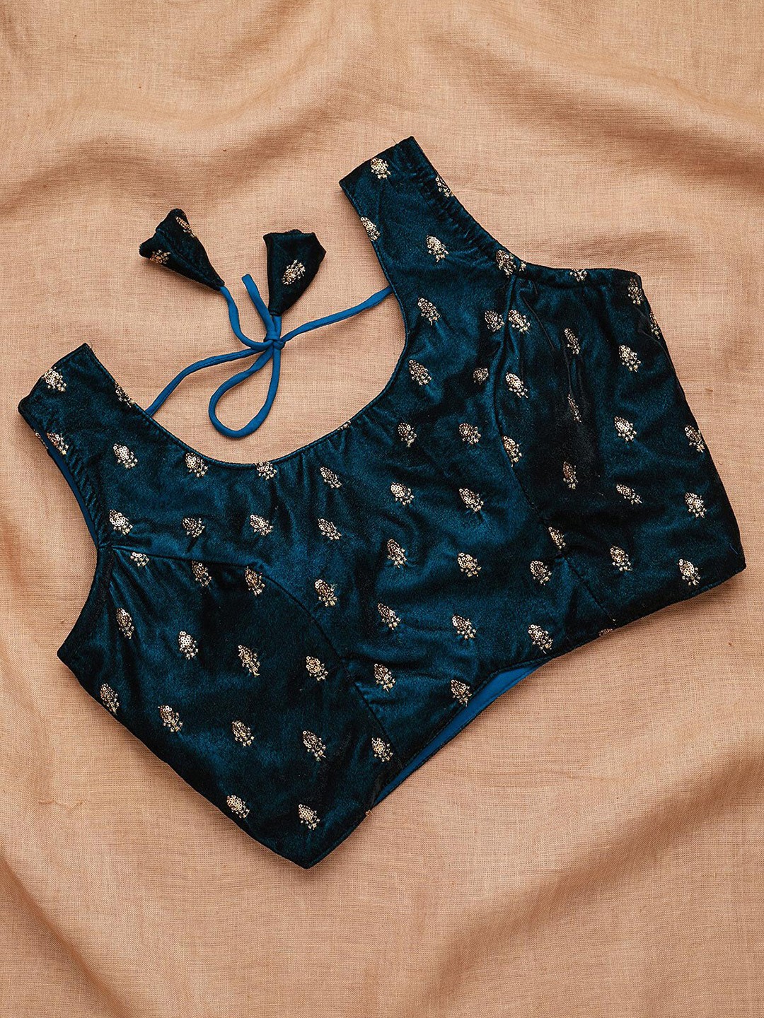 

Koskii Blue Embroidered Velvet Saree Blouse