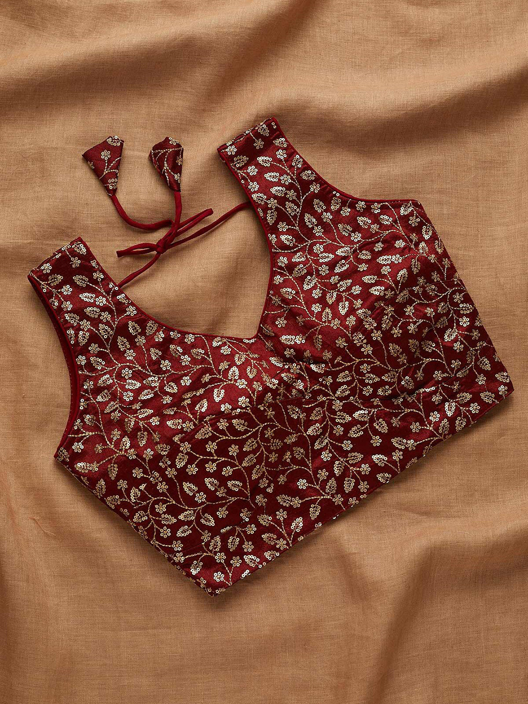 

Koskii Maroon Embroidered padded Saree Blouse