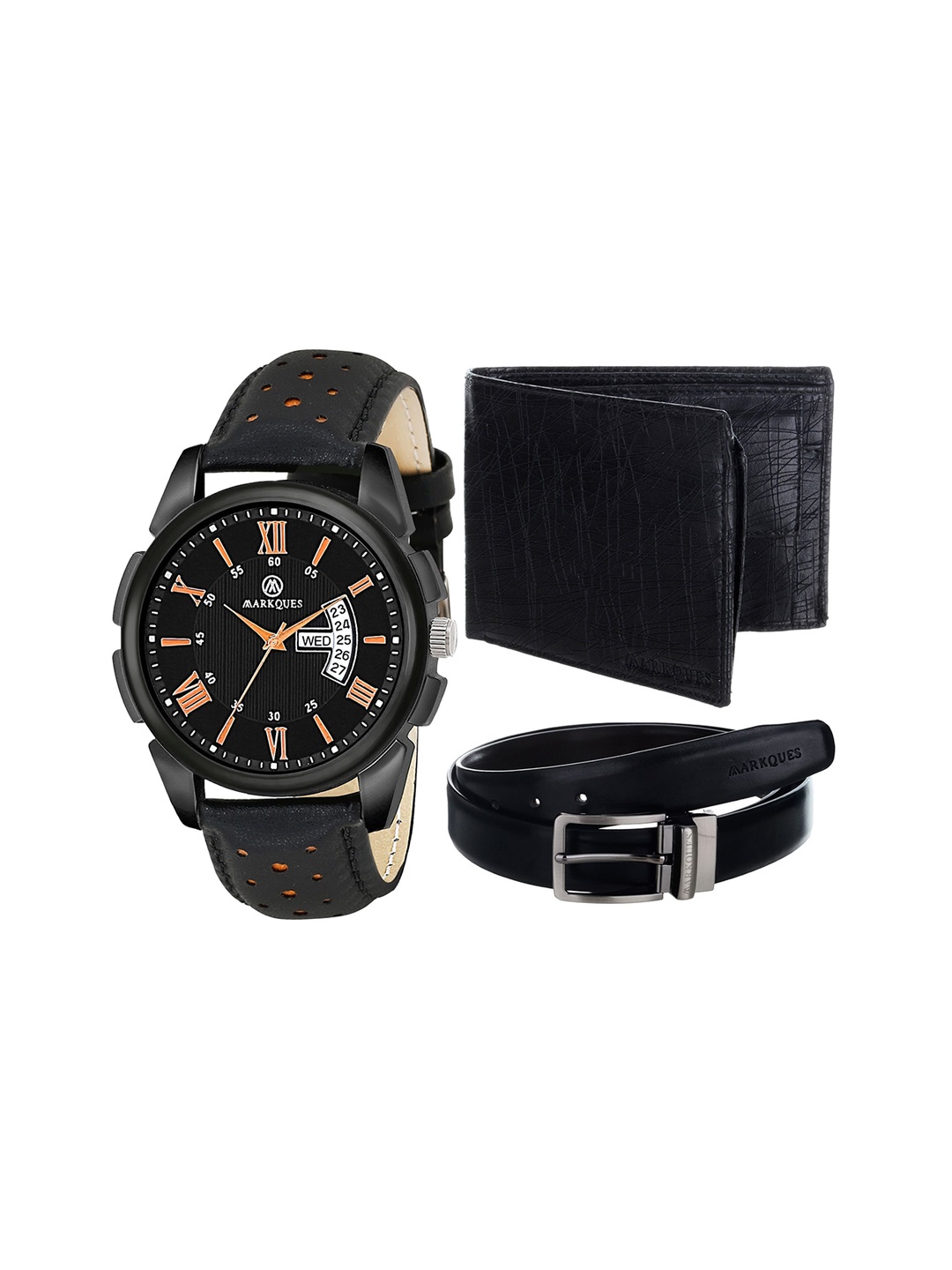 

MARKQUES Men Set Of 3 Black Solid Accessory Gift Set Black Accessory Gift Set