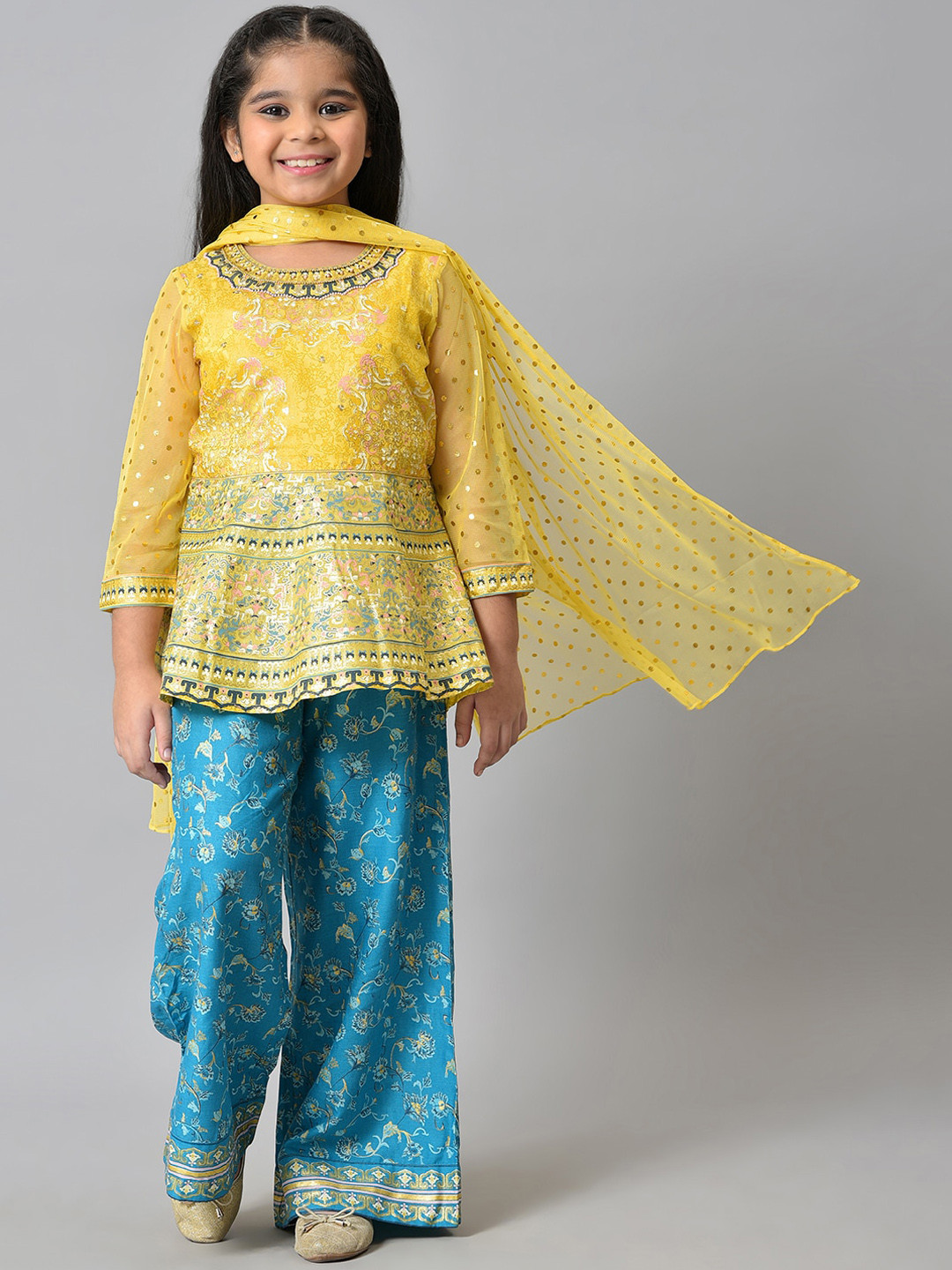 

Aurelia Girls Yellow Floral Printed Liva Flared Top With Blue Palazzo And Yellow Dupatta