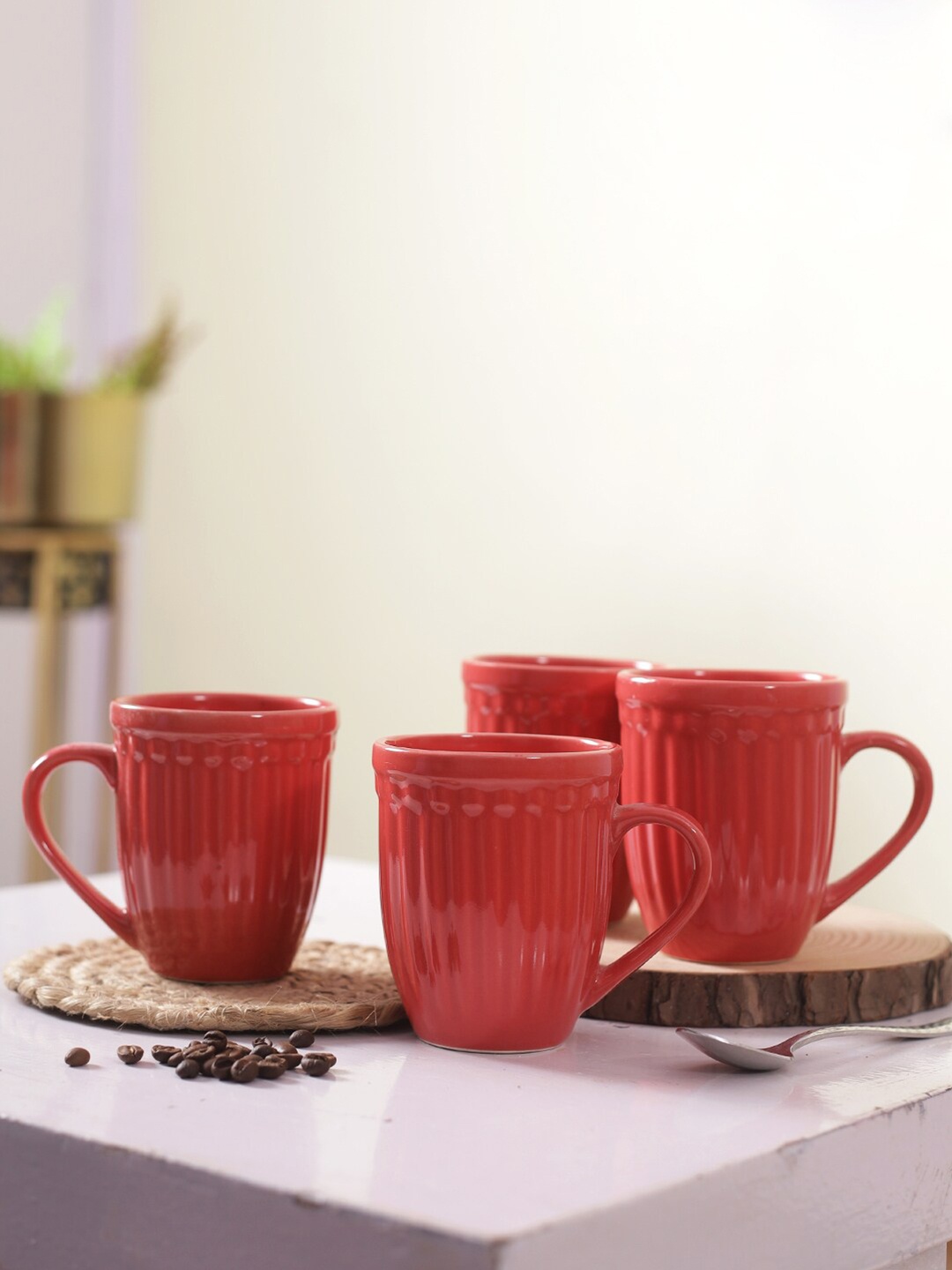 

Aapno Rajasthan Red Set Of 4 Ceramic Glossy Cups 250 ml Each