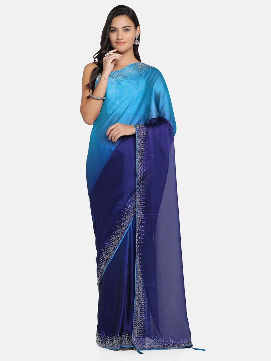 

BOMBAY SELECTIONS Blue & Navy Blue Colourblocked Beads and Stones Saree