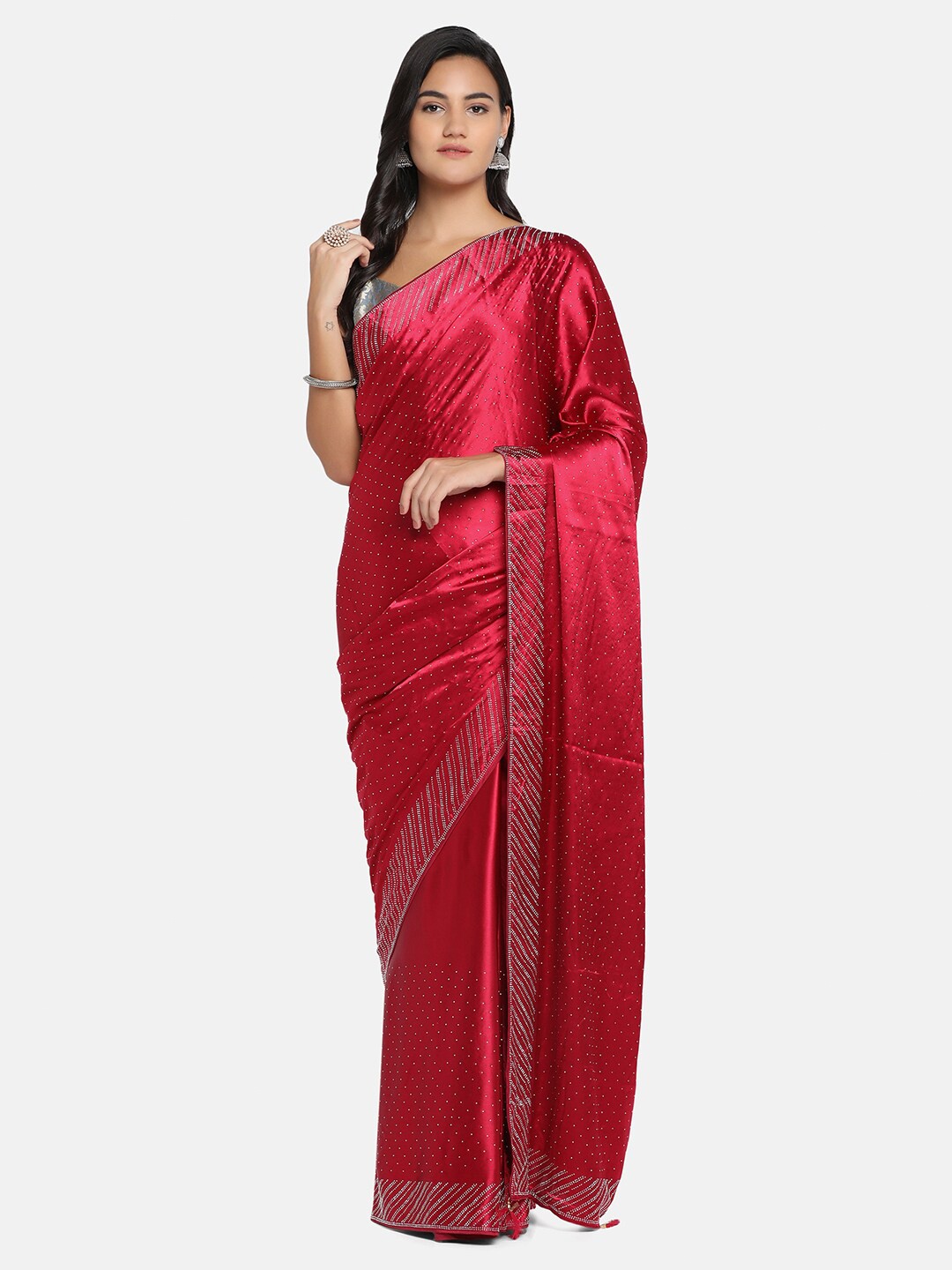 

BOMBAY SELECTIONS Maroon & Silver-Toned Embellished Beads and Stones Satin Saree