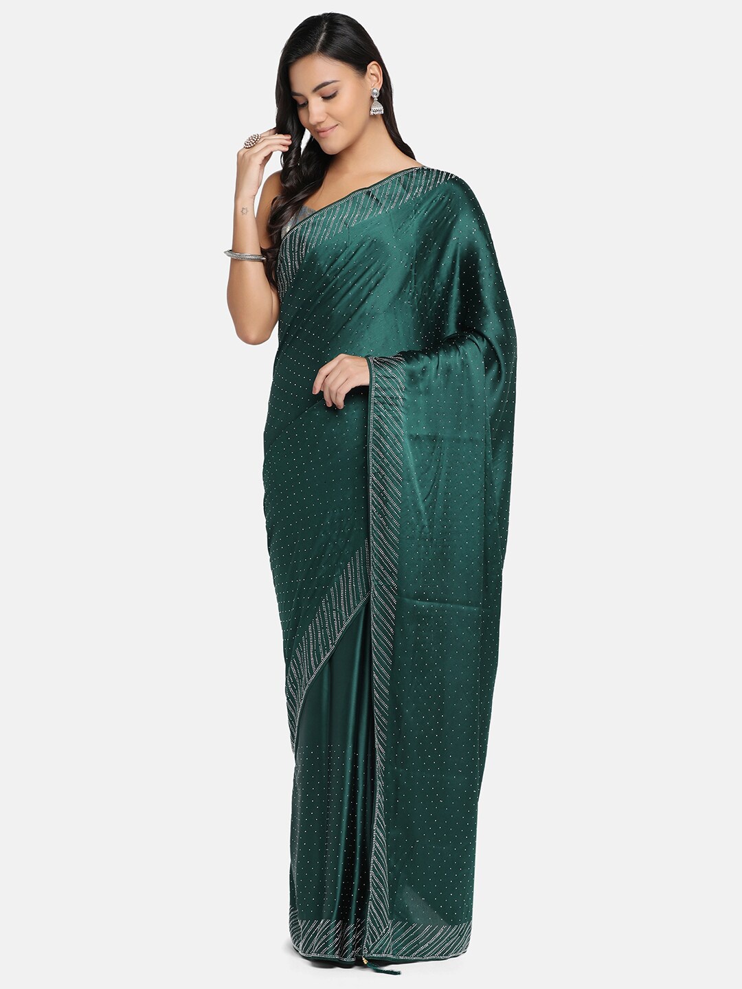 

BOMBAY SELECTIONS Green Embellished Beads and Stones Satin Saree