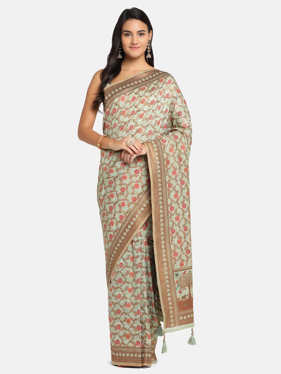 

BOMBAY SELECTIONS Green & Red Woven Design Beads and Stones Banarasi Saree