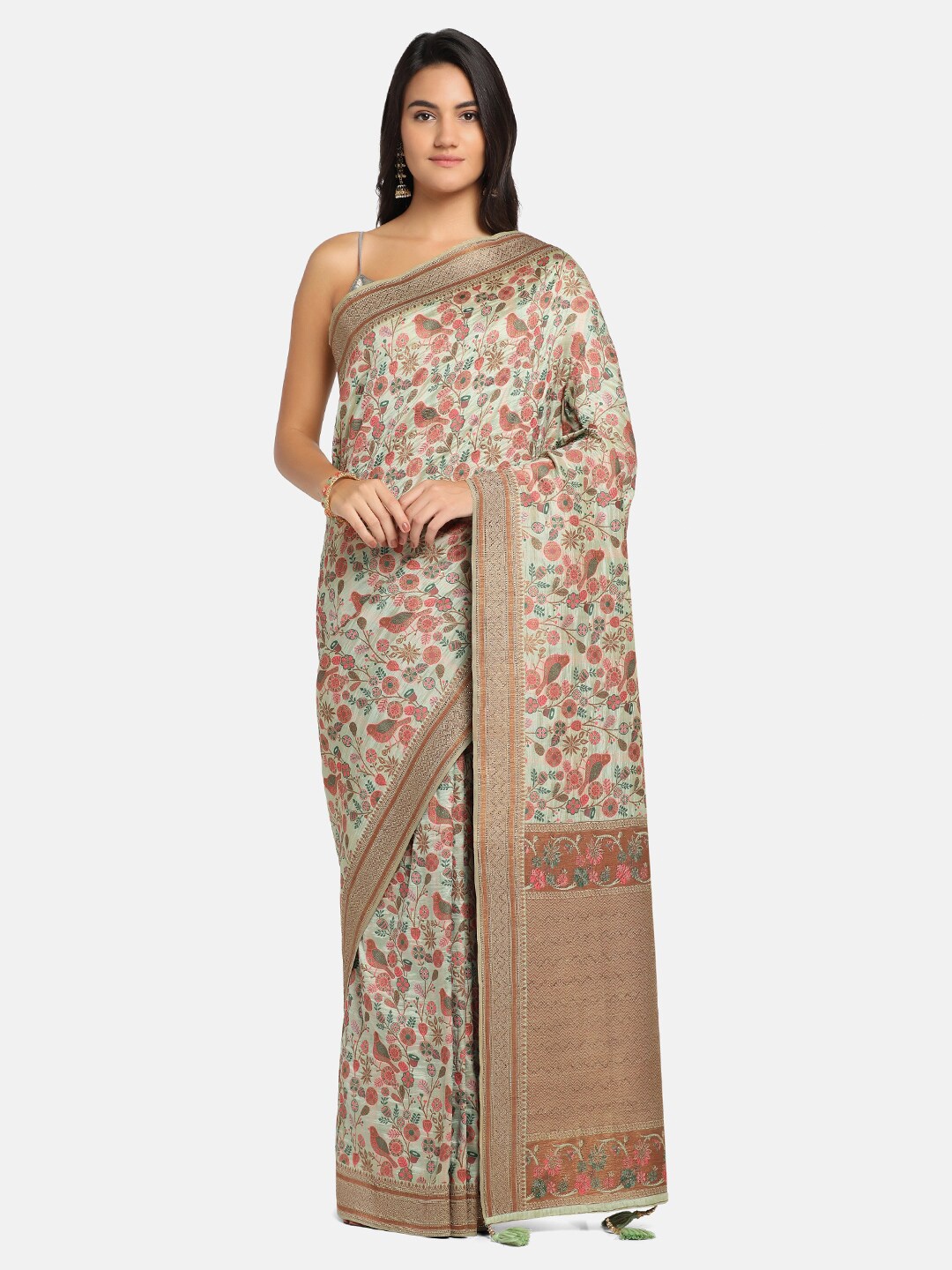 

BOMBAY SELECTIONS Green & Brown Floral Beads and Stones Banarasi Saree