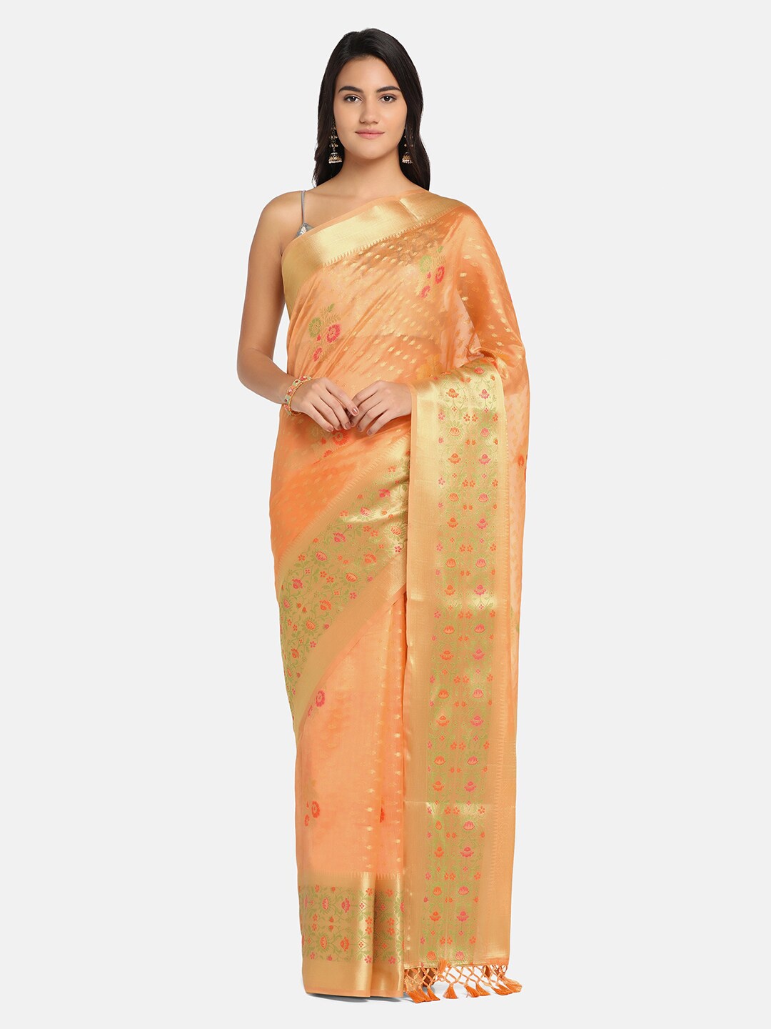 

BOMBAY SELECTIONS Peach-Coloured & Gold-Toned Woven Design Zari Organza Banarasi Saree