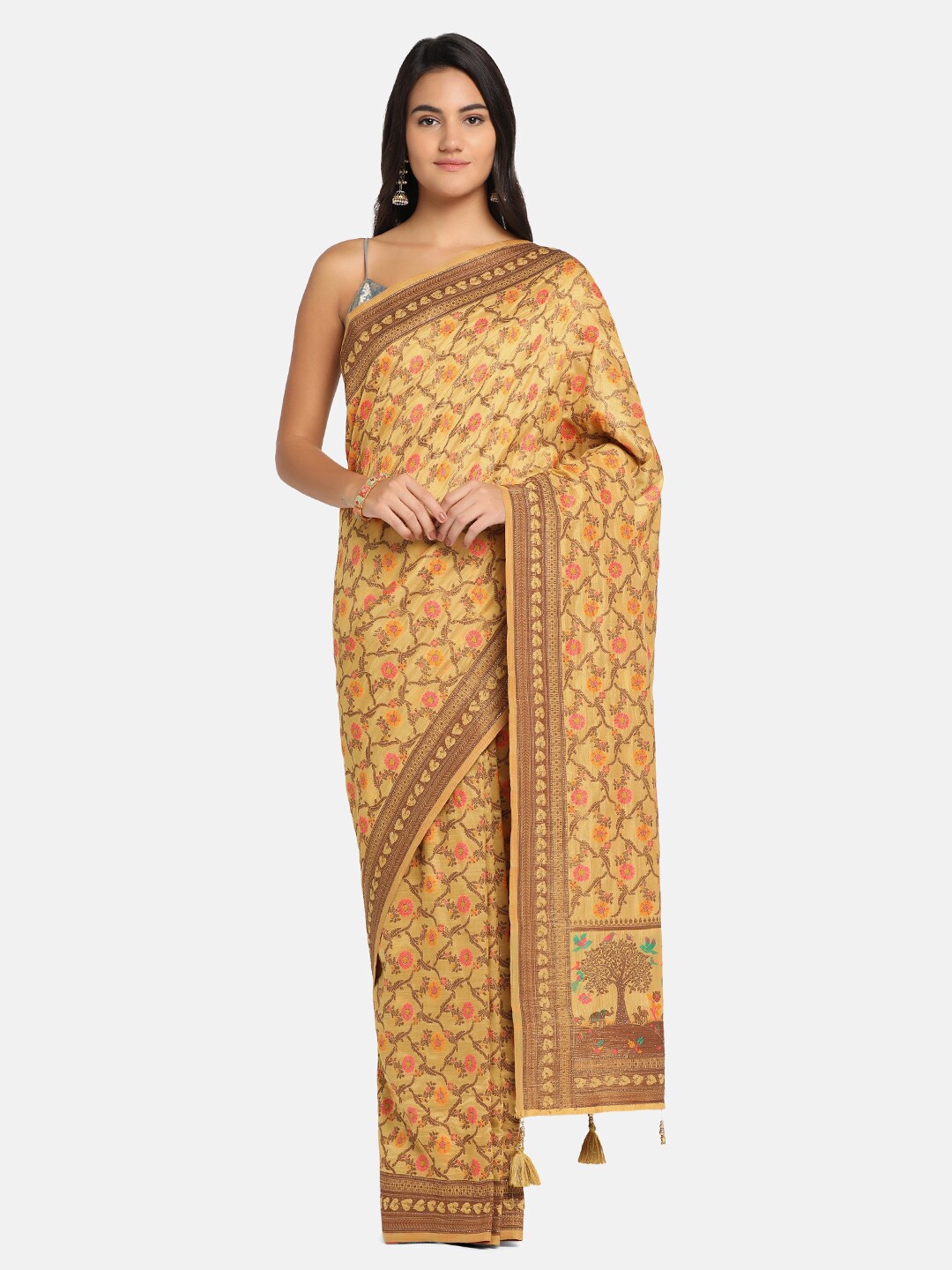 

BOMBAY SELECTIONS Yellow & Pink Woven Design Beads and Stones Art Silk Banarasi Saree