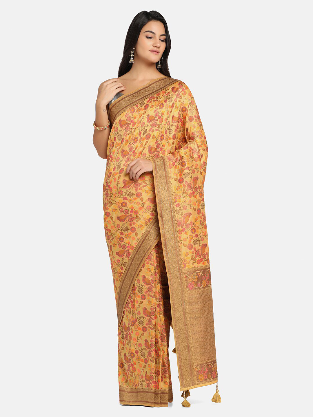 

BOMBAY SELECTIONS Yellow & Brown Woven Design Beads and Stones Art Silk Banarasi Saree