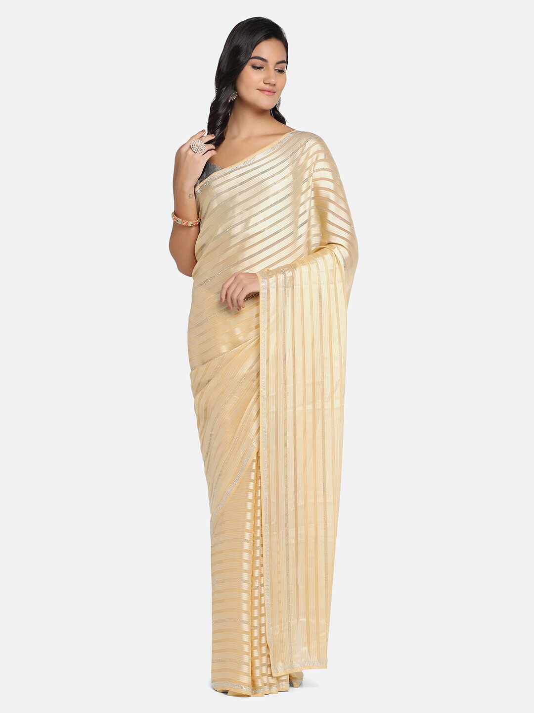

BOMBAY SELECTIONS Yellow & Gold-Toned Striped Zari Saree