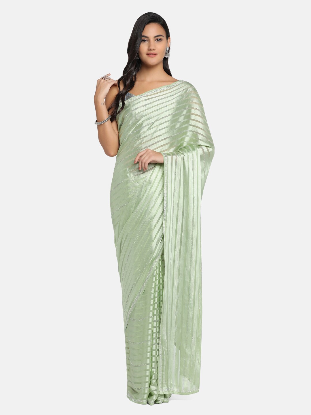 

BOMBAY SELECTIONS Green Striped Saree