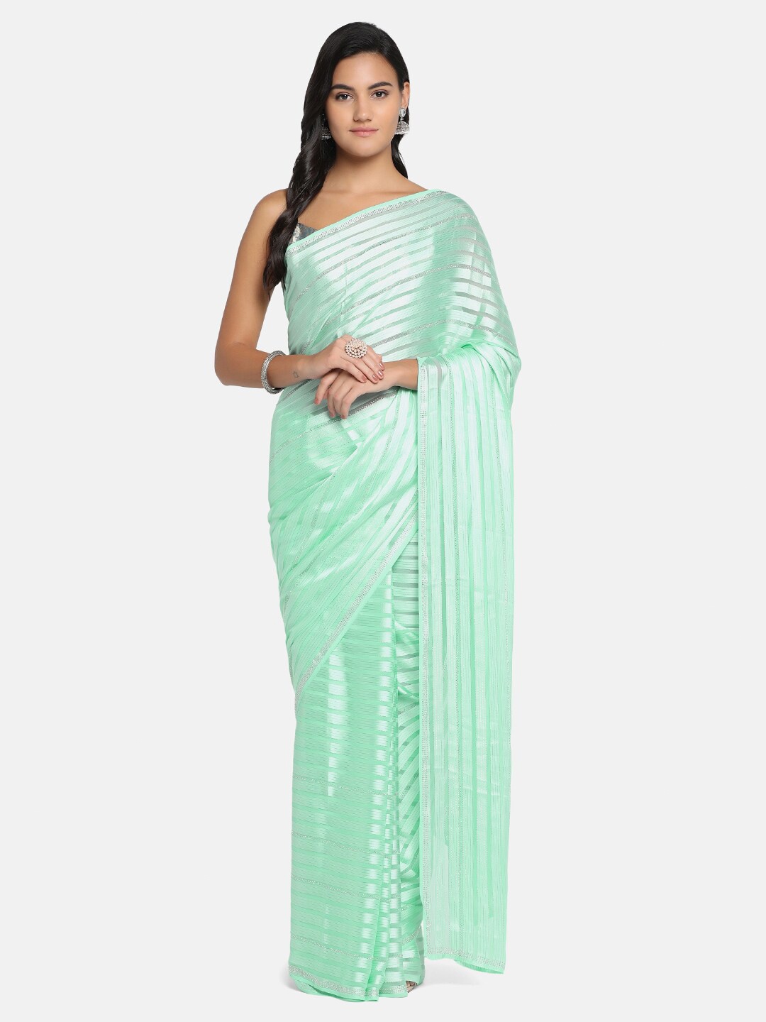 

BOMBAY SELECTIONS Sea Green Striped Beads and Stones Saree