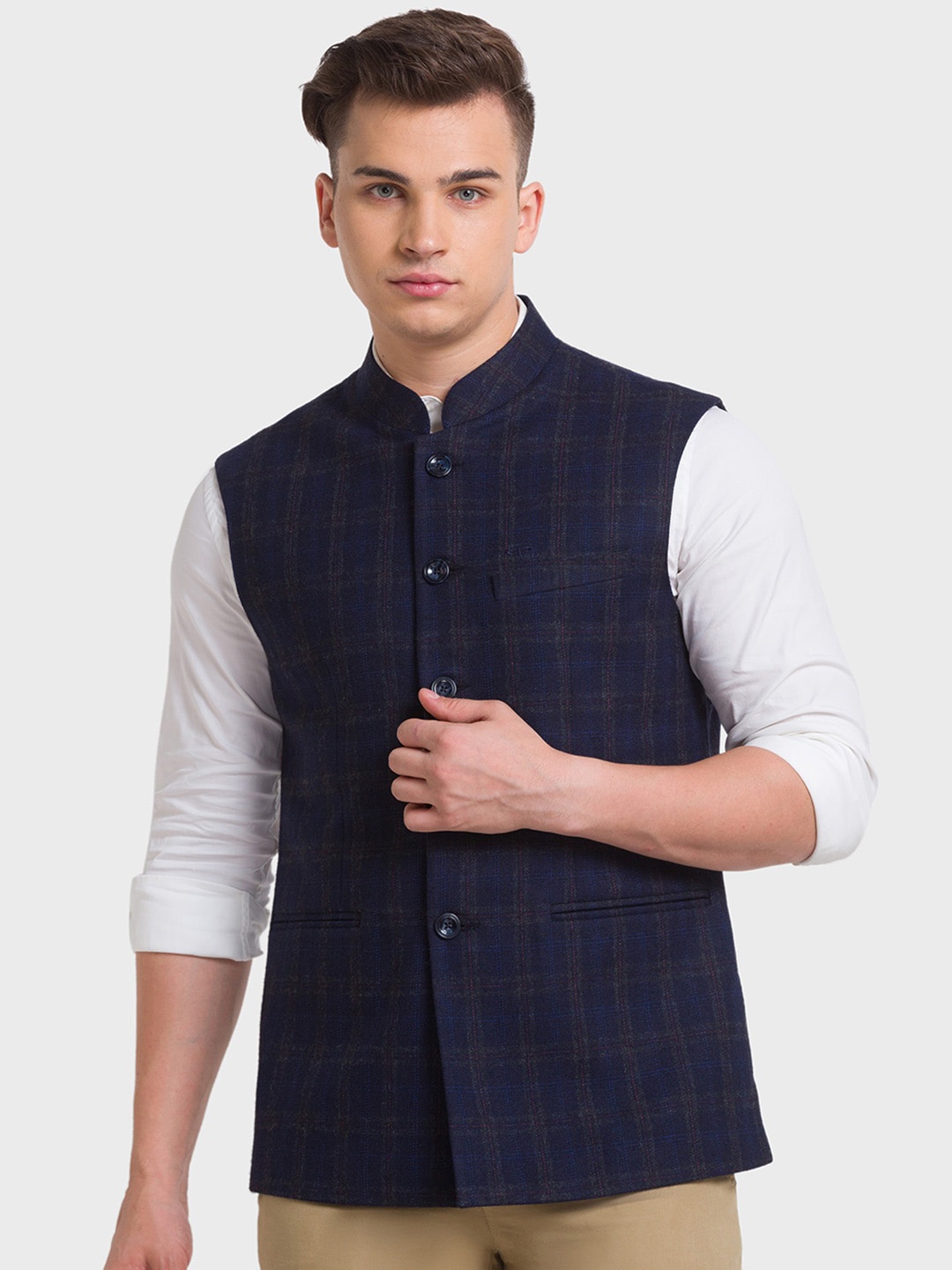 

ColorPlus Men Blue Checked Longline Tailored Jacket