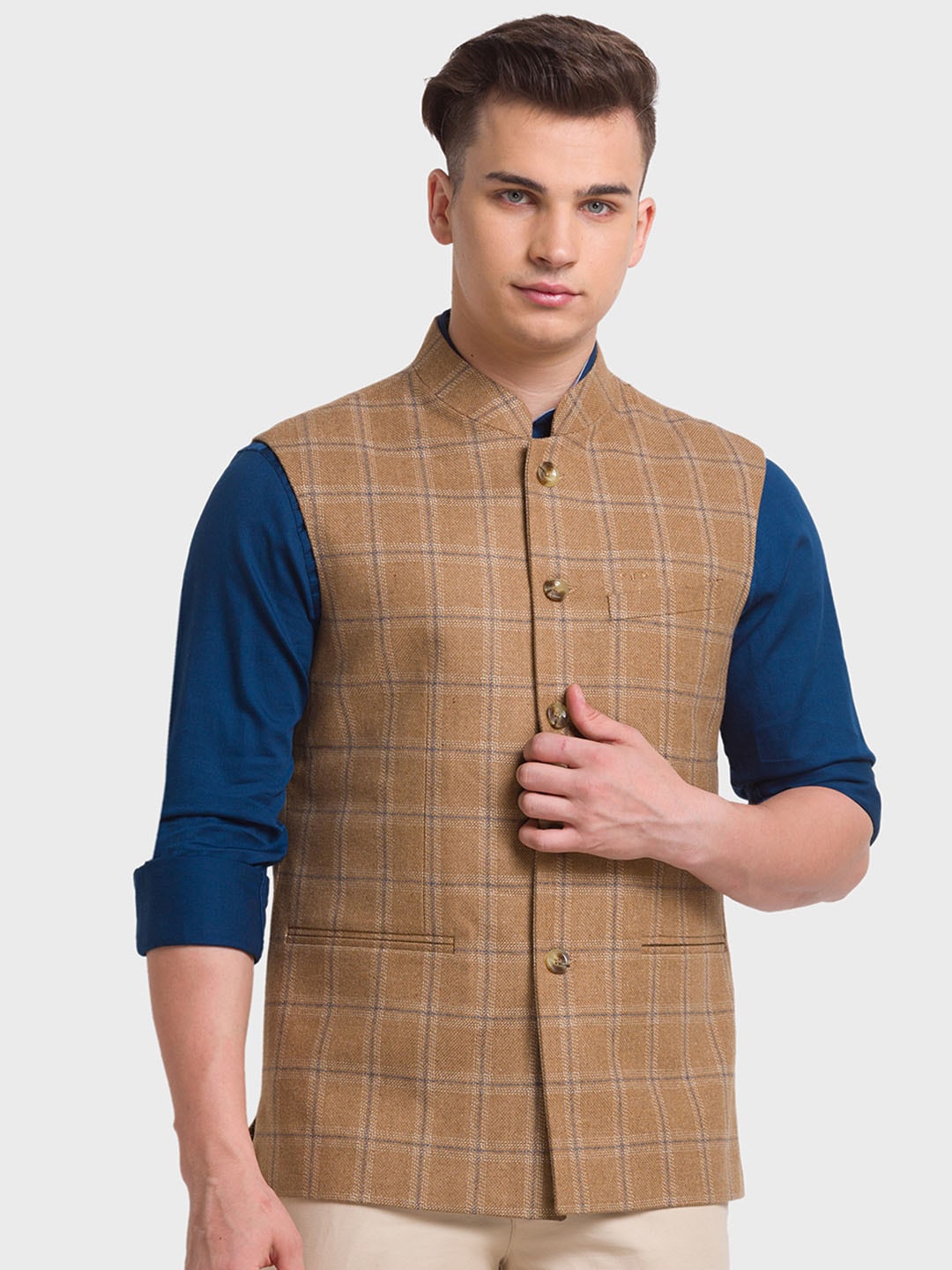 

ColorPlus Men Beige Checked Crop Tailored Jacket