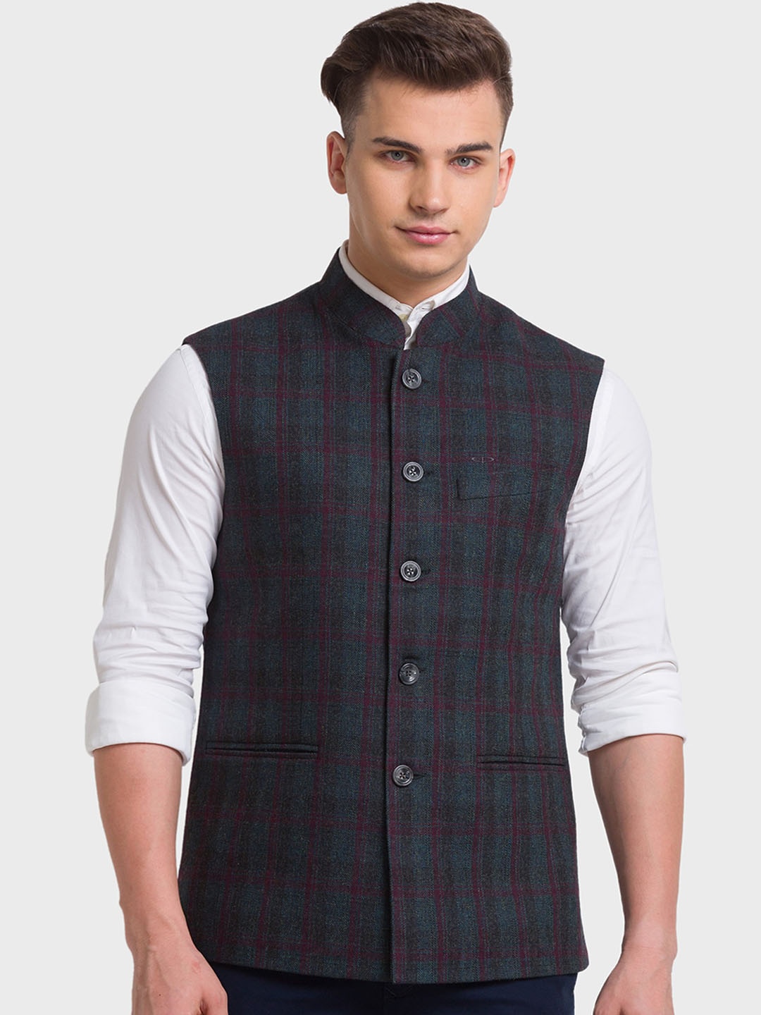 

ColorPlus Men Grey Checked Longline Tailored Jacket with Embroidered
