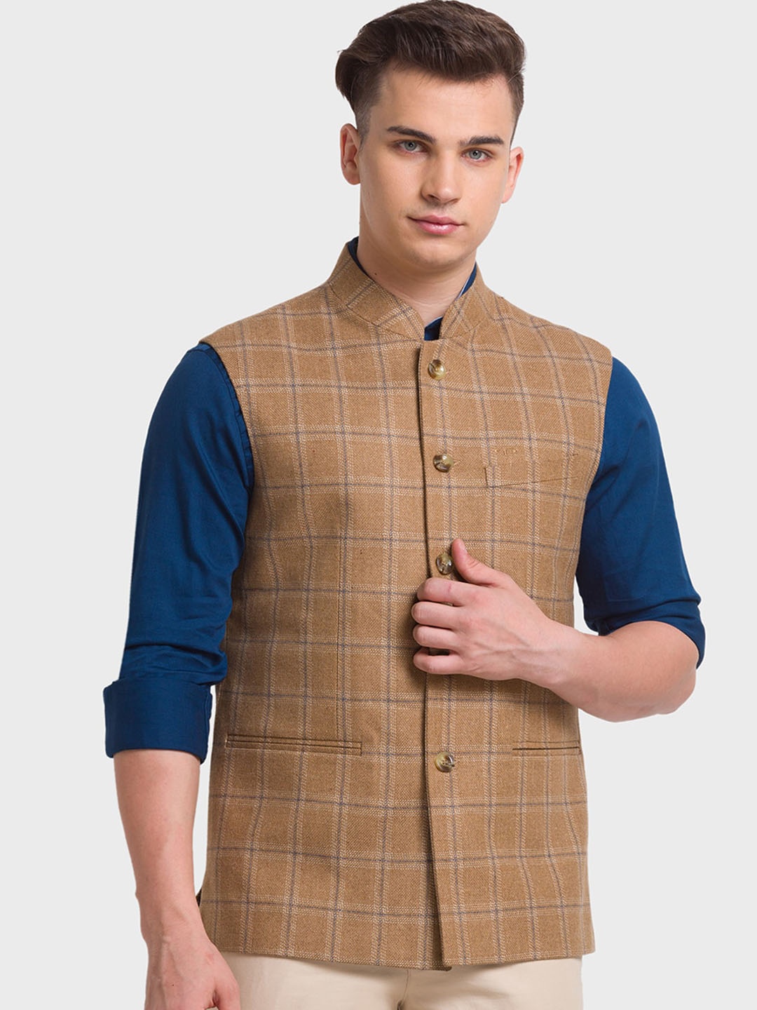 

ColorPlus Men Beige Checked Crop Tailored Jacket