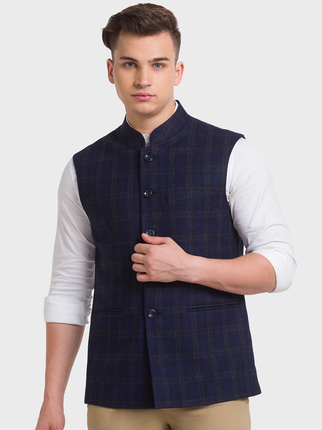 

ColorPlus Men Blue Checked Longline Tailored Jacket