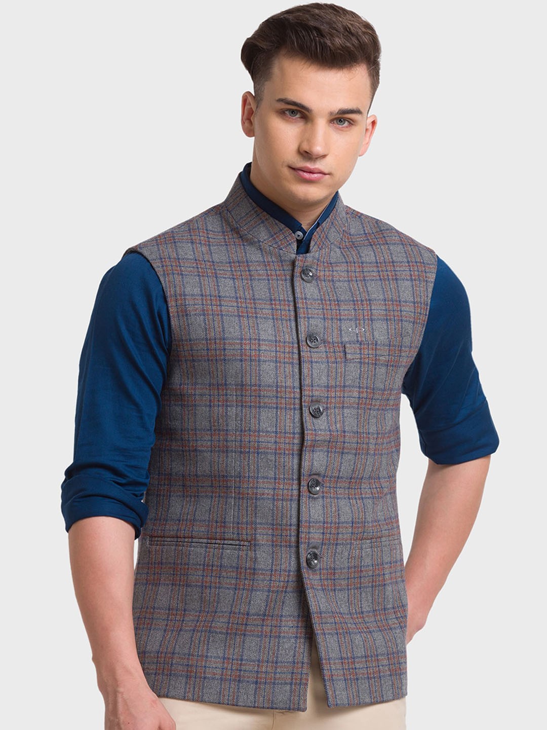 

ColorPlus Men Grey Checked Crop Tailored Jacket