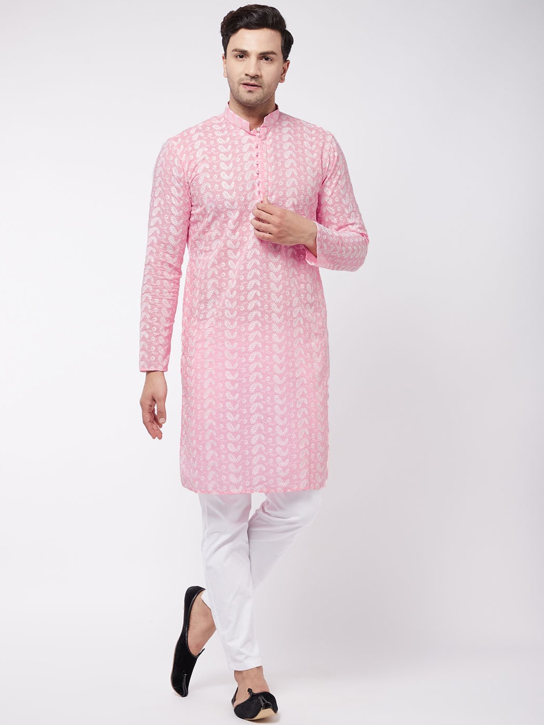 

VASTRAMAY Men Pink Chikankari Pure Cotton Kurta with Pyjamas