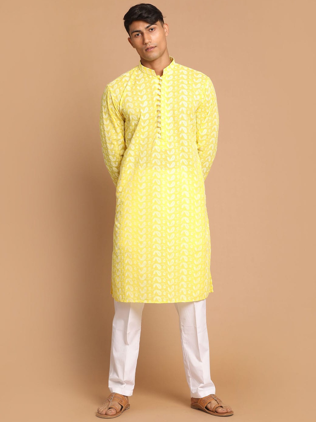 

VASTRAMAY Men Mustard Yellow Ethnic Motifs Angrakha Chikankari Pure Cotton Kurti with Pyjamas