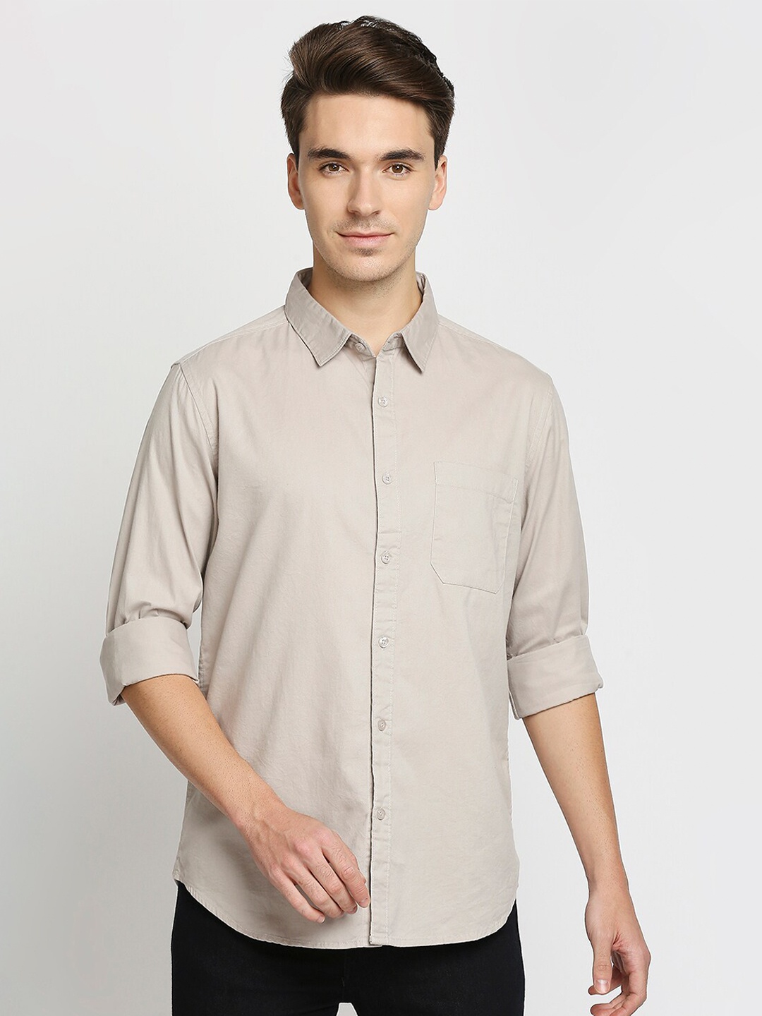 

VALEN CLUB Men Grey Solid Pure Cotton Slim Fit Casual Shirt