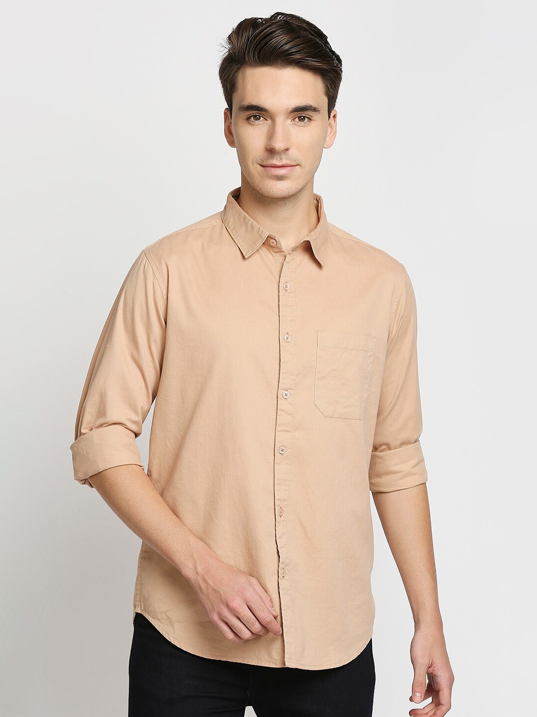 

VALEN CLUB Men Beige Solid Pure Cotton Slim Fit Casual Shirt