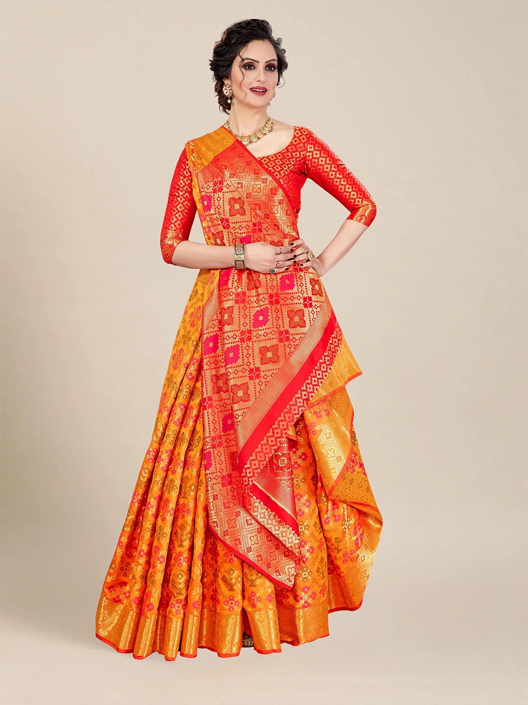 

MS RETAIL Orange & Yellow Ethnic Motifs Zari Silk Blend Patola Saree