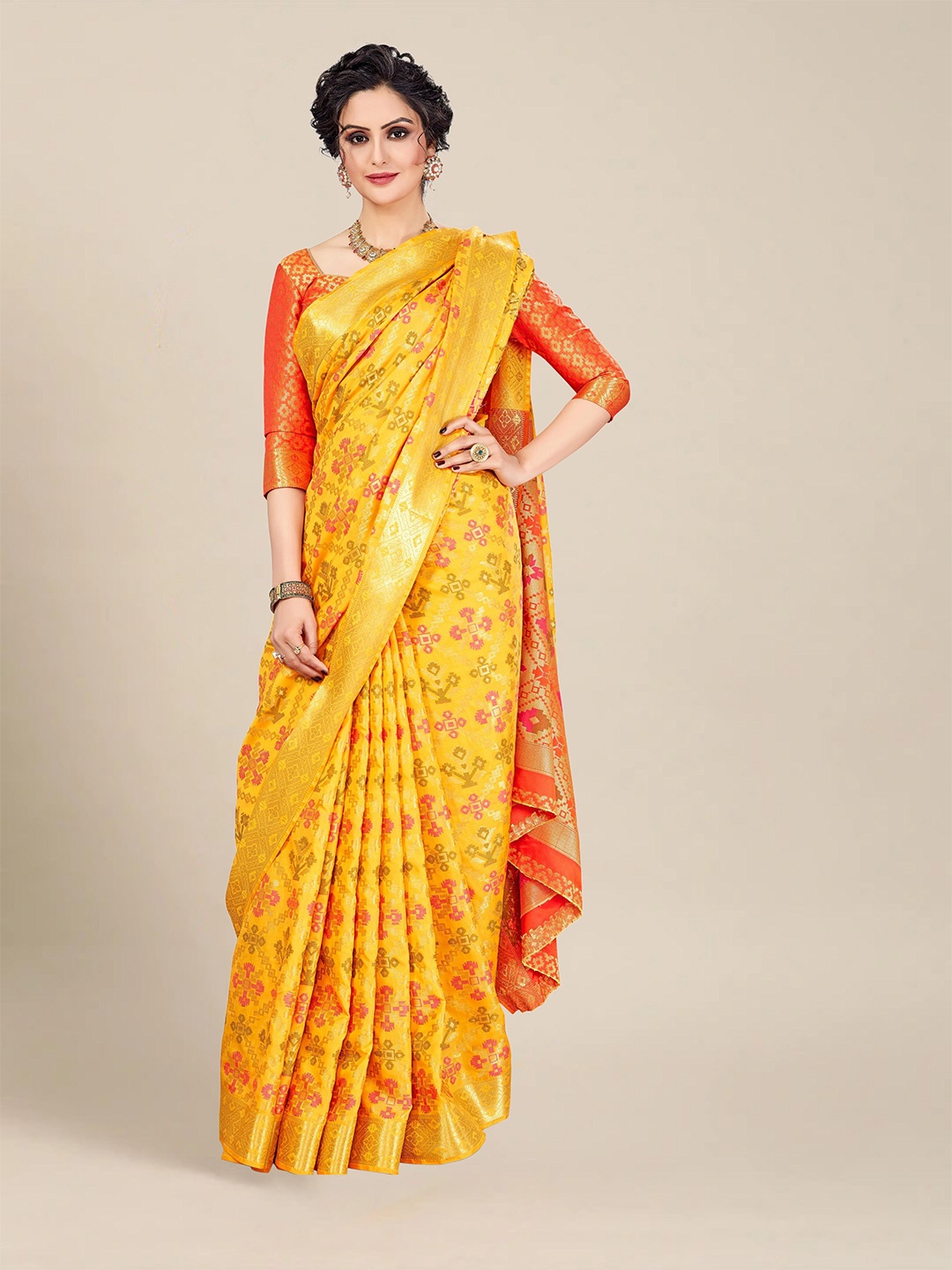 

MS RETAIL Yellow & Pink Ethnic Motifs Zari Silk Blend Patola Saree