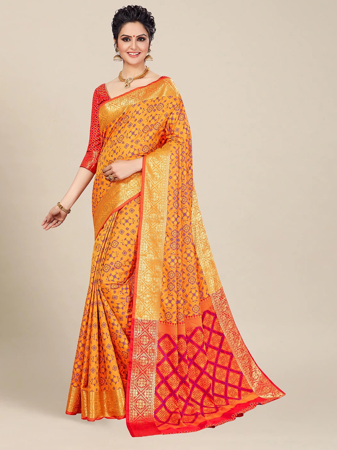 

MS RETAIL Yellow & Red Woven Design Zari Silk Blend Patola Saree