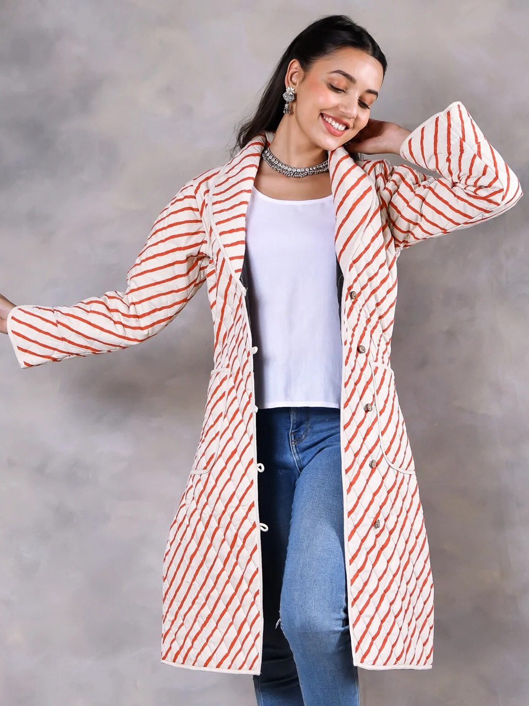 

Rustorange Women Off White Striped Longline Quilted Jacket