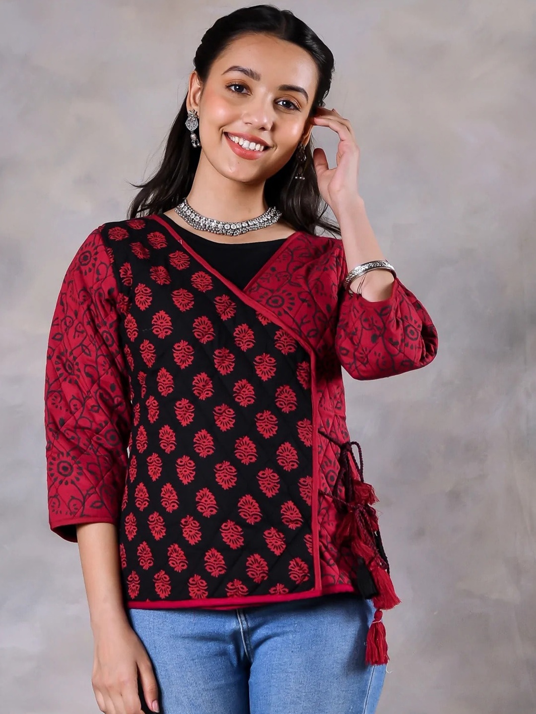 

Rustorange Women Red Geometric Longline Tailored Jacket