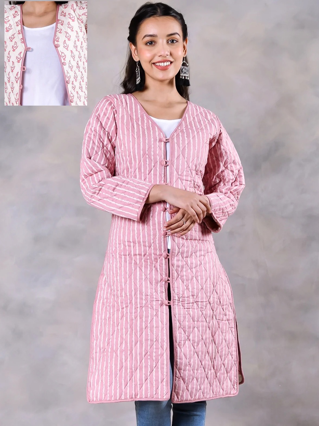 

Rustorange Women Pink Geometric Striped Longline Open Front Jacket