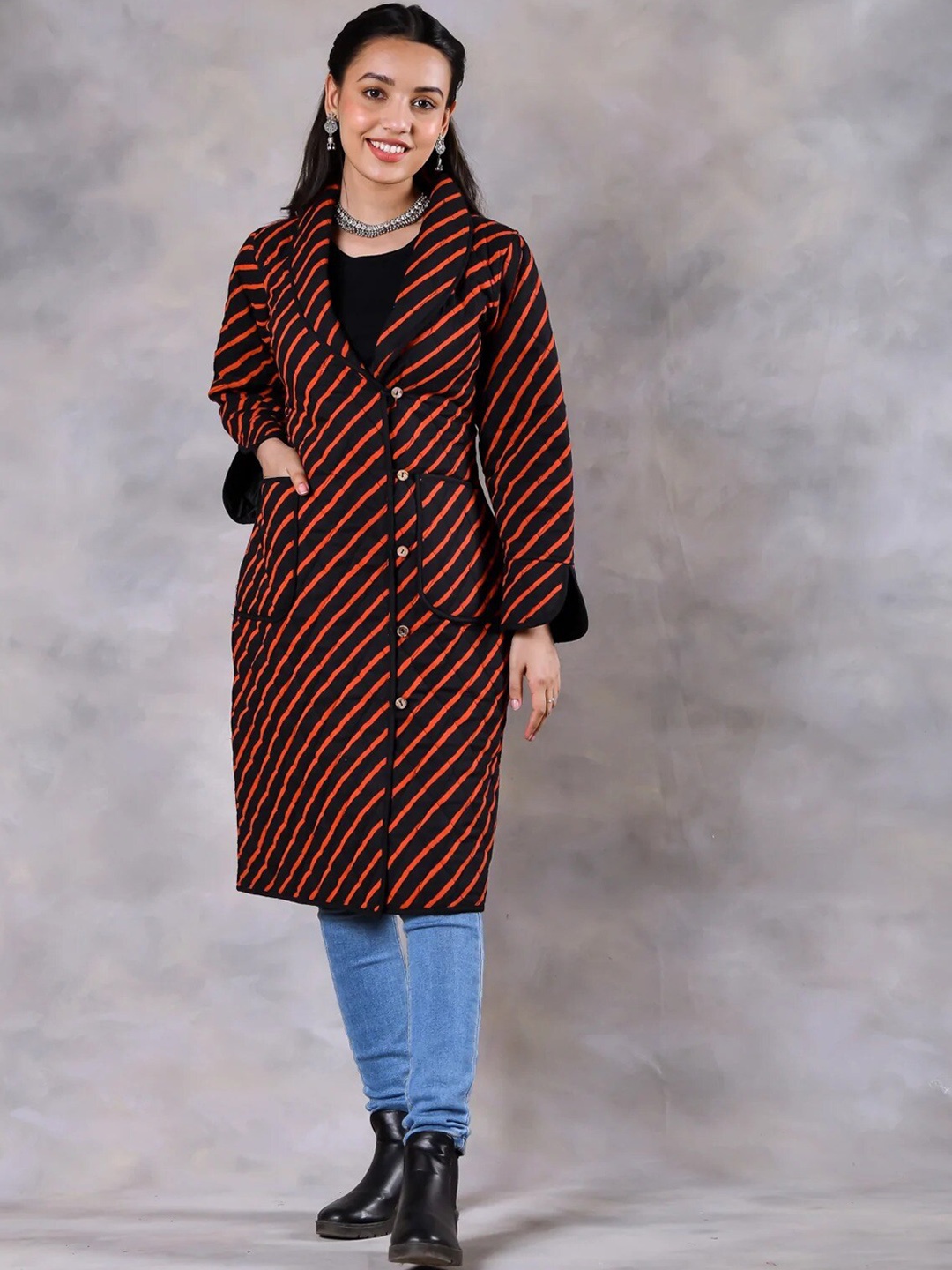 

Rustorange Women Black Striped Longline Tailored Jacket