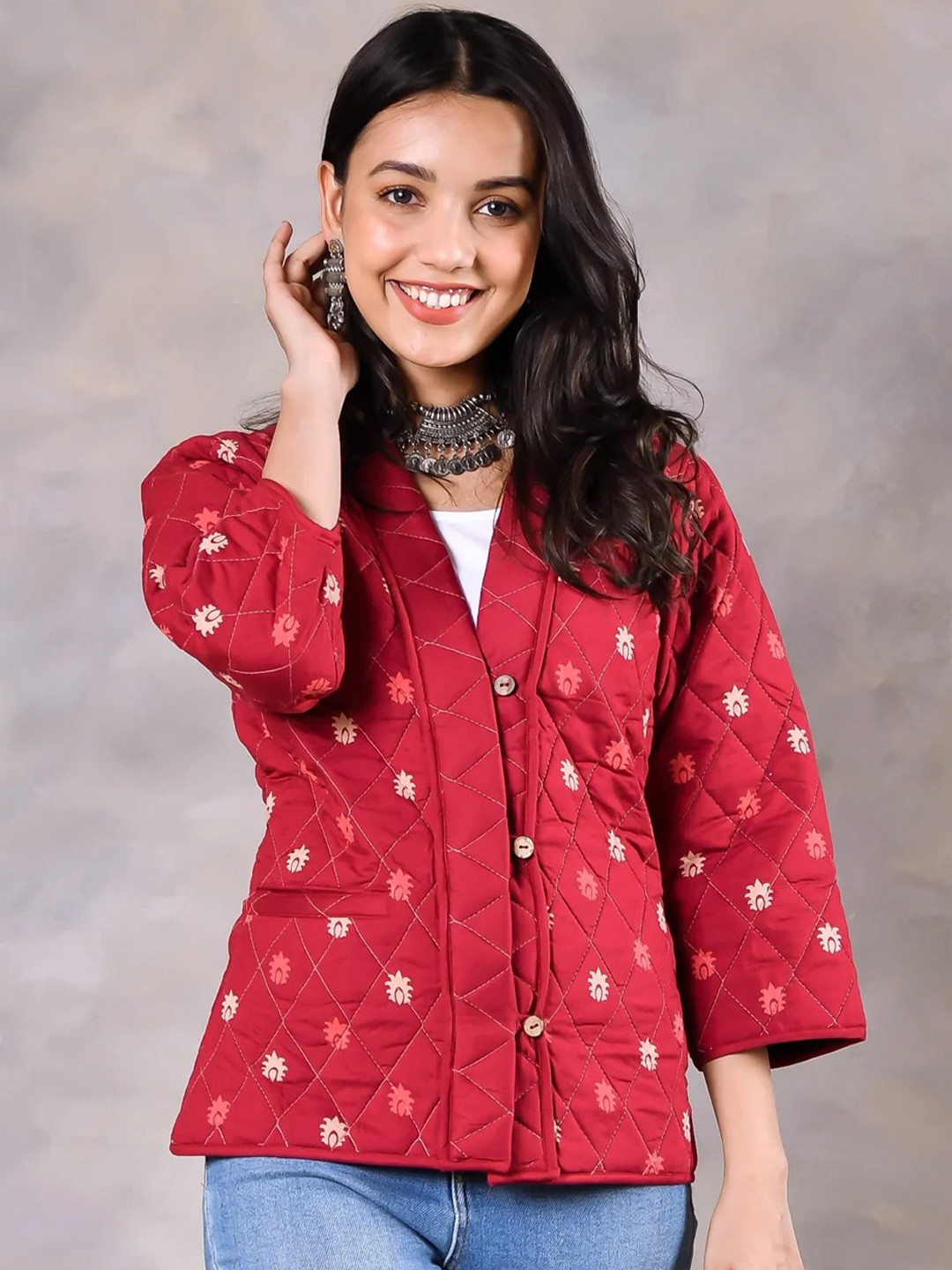 

Rustorange Women Maroon Geometric Longline Puffer Jacket