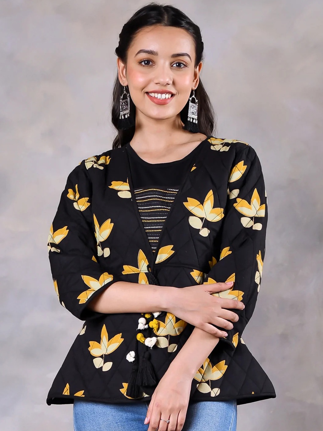 

Rustorange Women Black Floral Longline Tailored Jacket with Embroidered