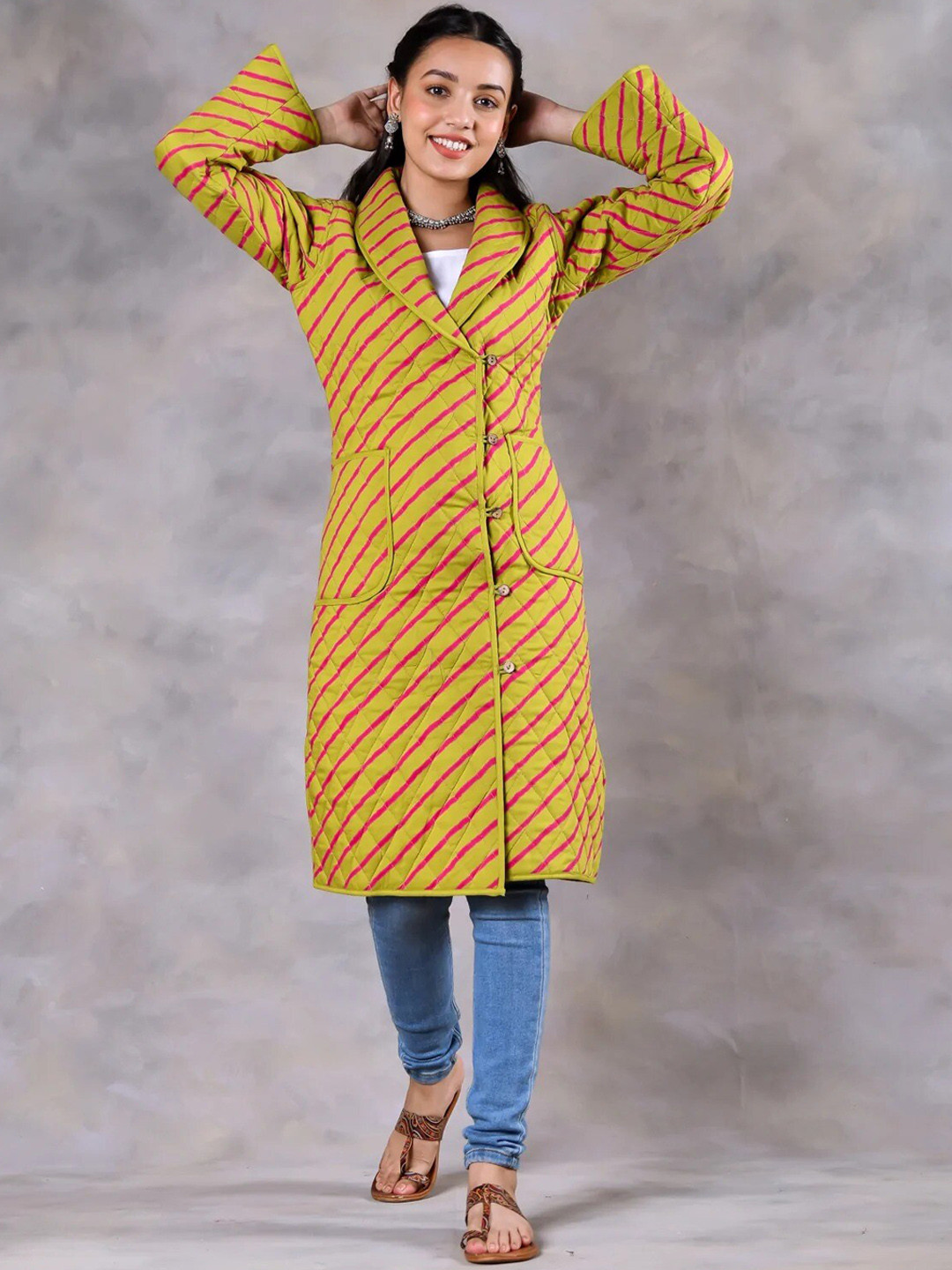 

Rustorange Women Olive Green Geometric Checked Longline Puffer Jacket