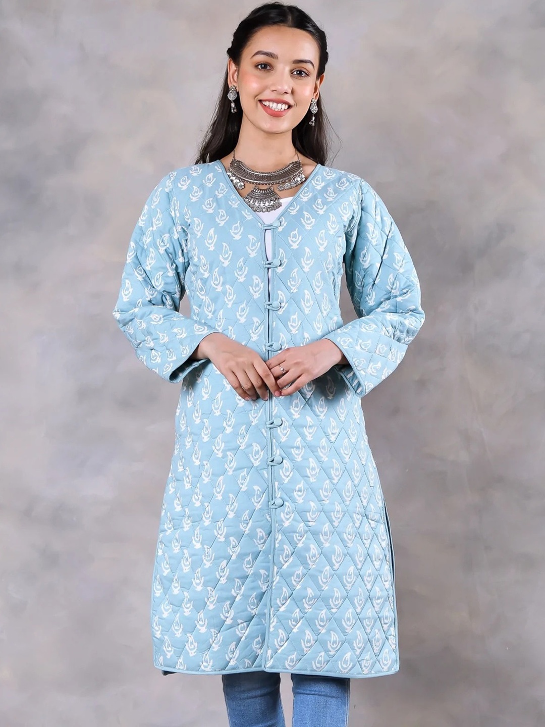 Rustorange Women Blue Floral Longline Tailored Jacket