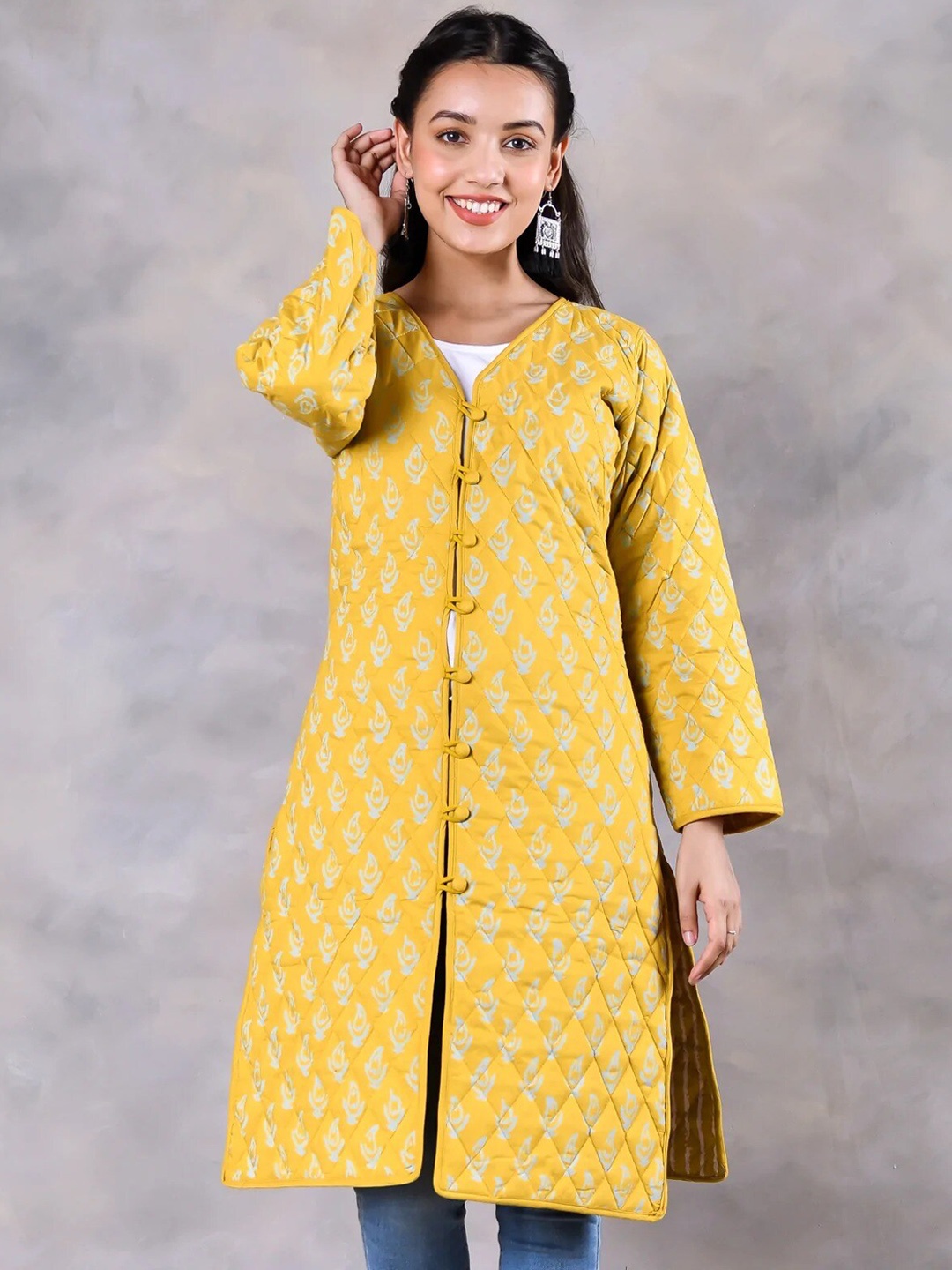 

Rustorange Women Mustard Floral Longline Tailored Jacket with Embroidered