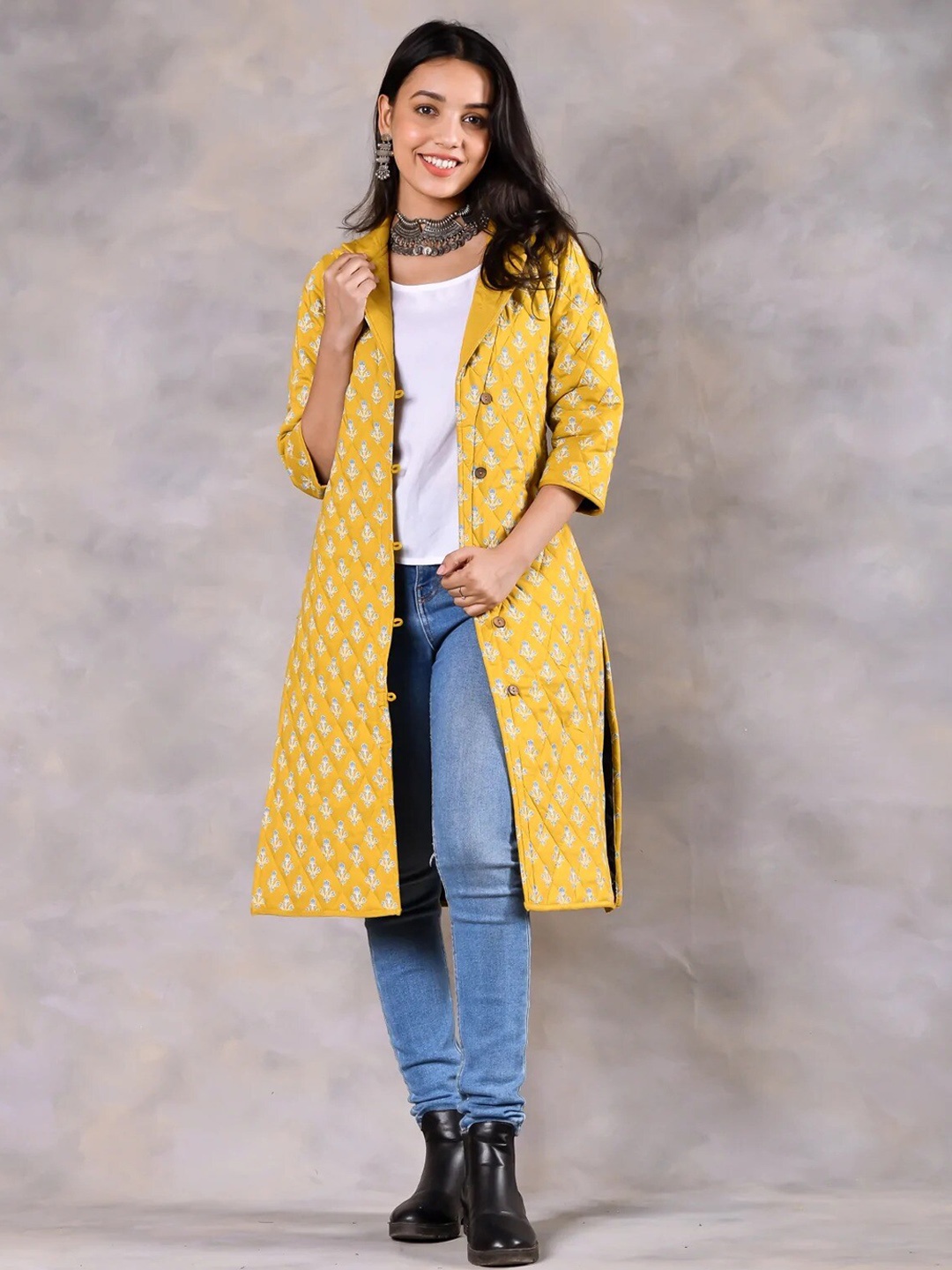 

Rustorange Women Mustard Geometric Longline Tailored Jacket