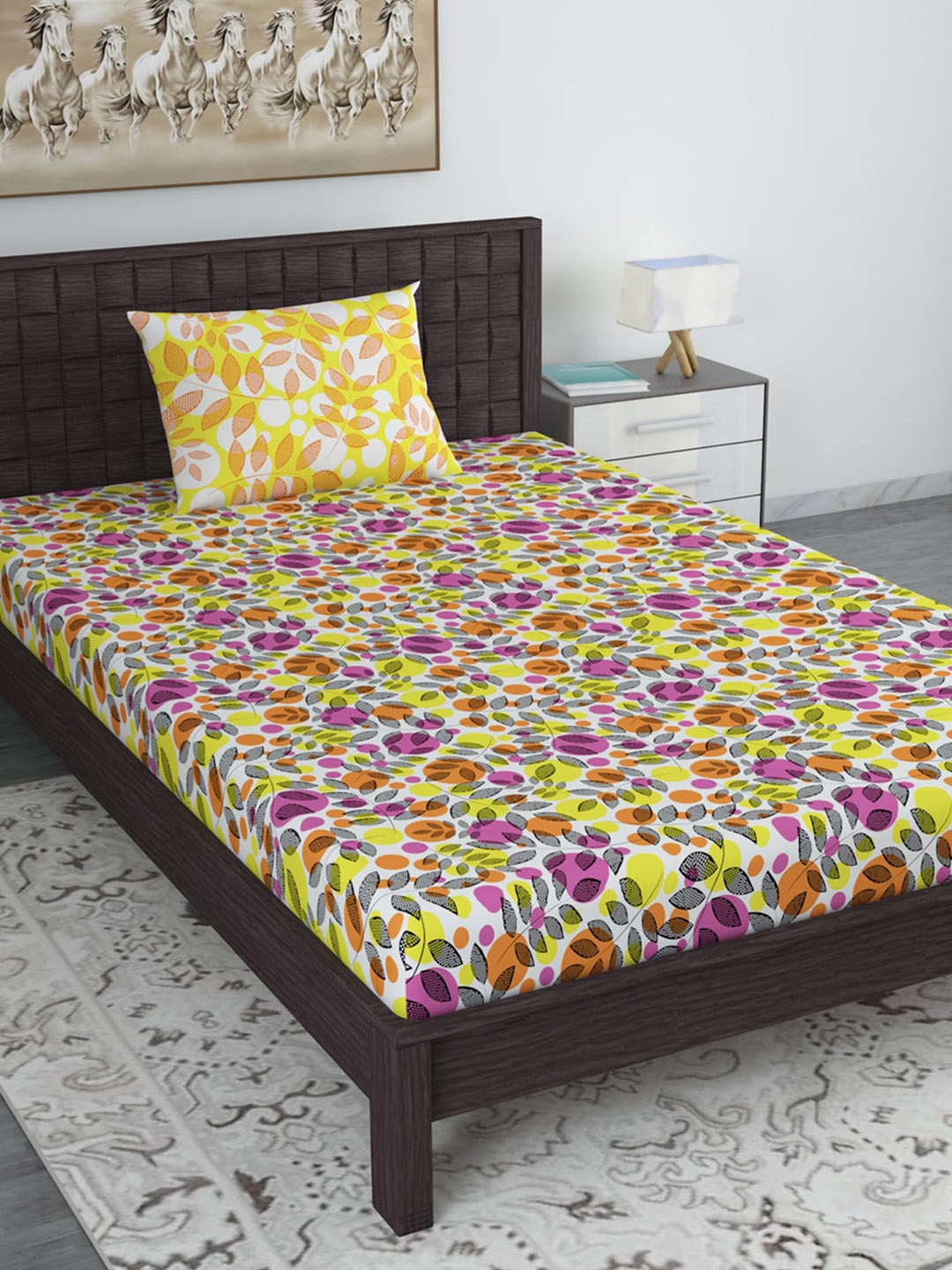 

Divine Casa White & Pink Floral 120 TC Single Bedsheet with 1 Pillow Cover