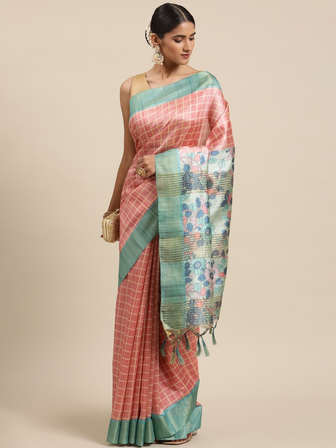 

VISHNU WEAVES Coral & Sea Green Checked Zari Silk Cotton Tussar Saree