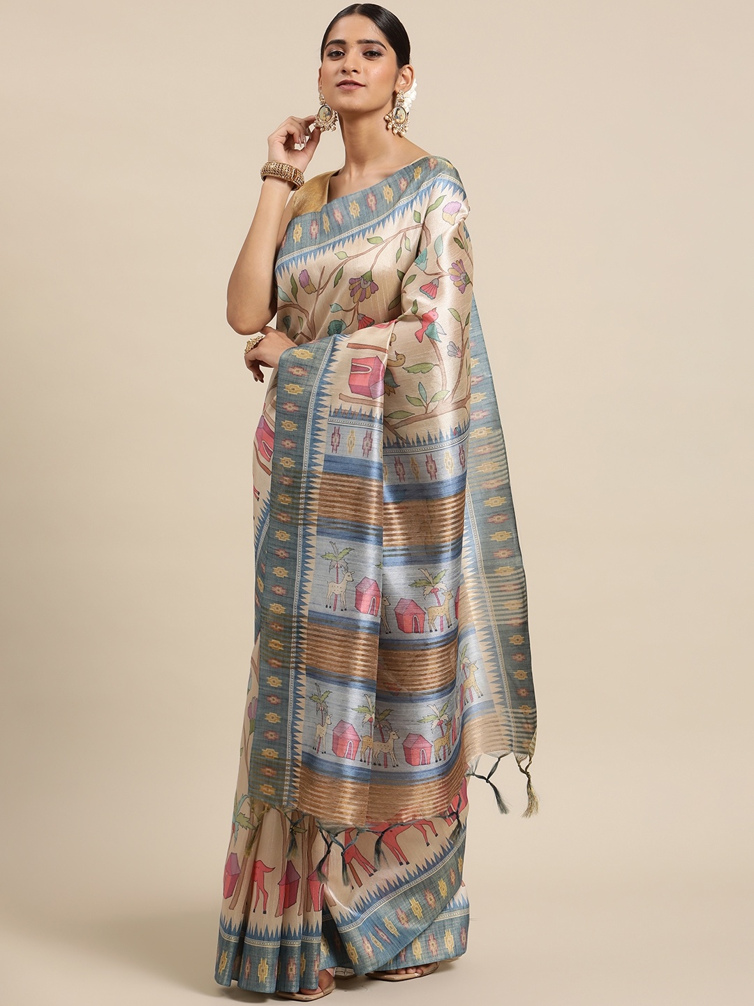 

VISHNU WEAVES Cream-Coloured & Blue Kalamkari Zari Silk Cotton Tussar Saree