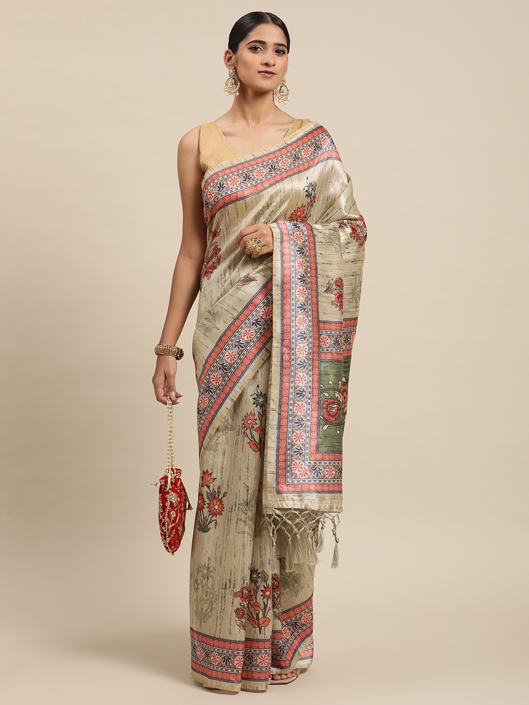 

VISHNU WEAVES Lime Green Ethnic Motifs Silk Cotton Tussar Saree