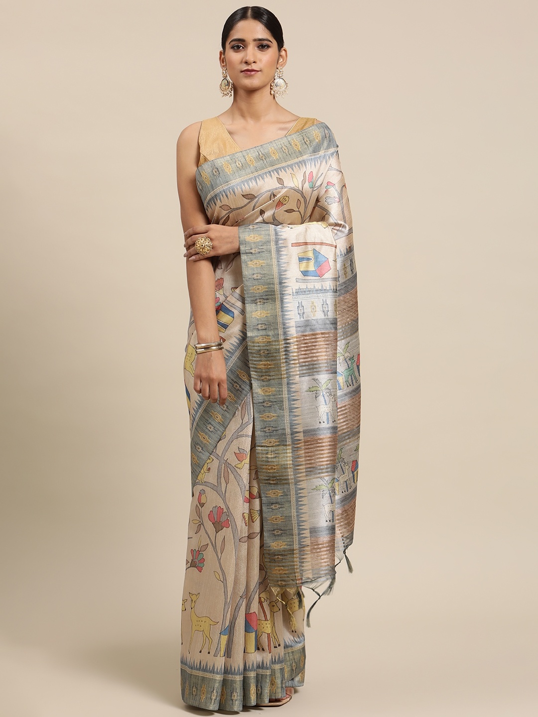 

VISHNU WEAVES Cream-Coloured & Blue Kalamkari Zari Silk Cotton Tussar Saree