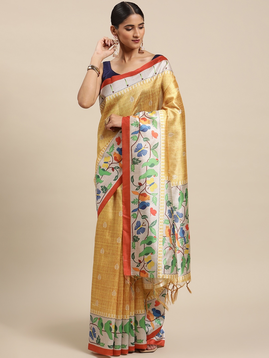 

VISHNU WEAVES Paithani Printed Kalamkari Cotton Saree, Yellow