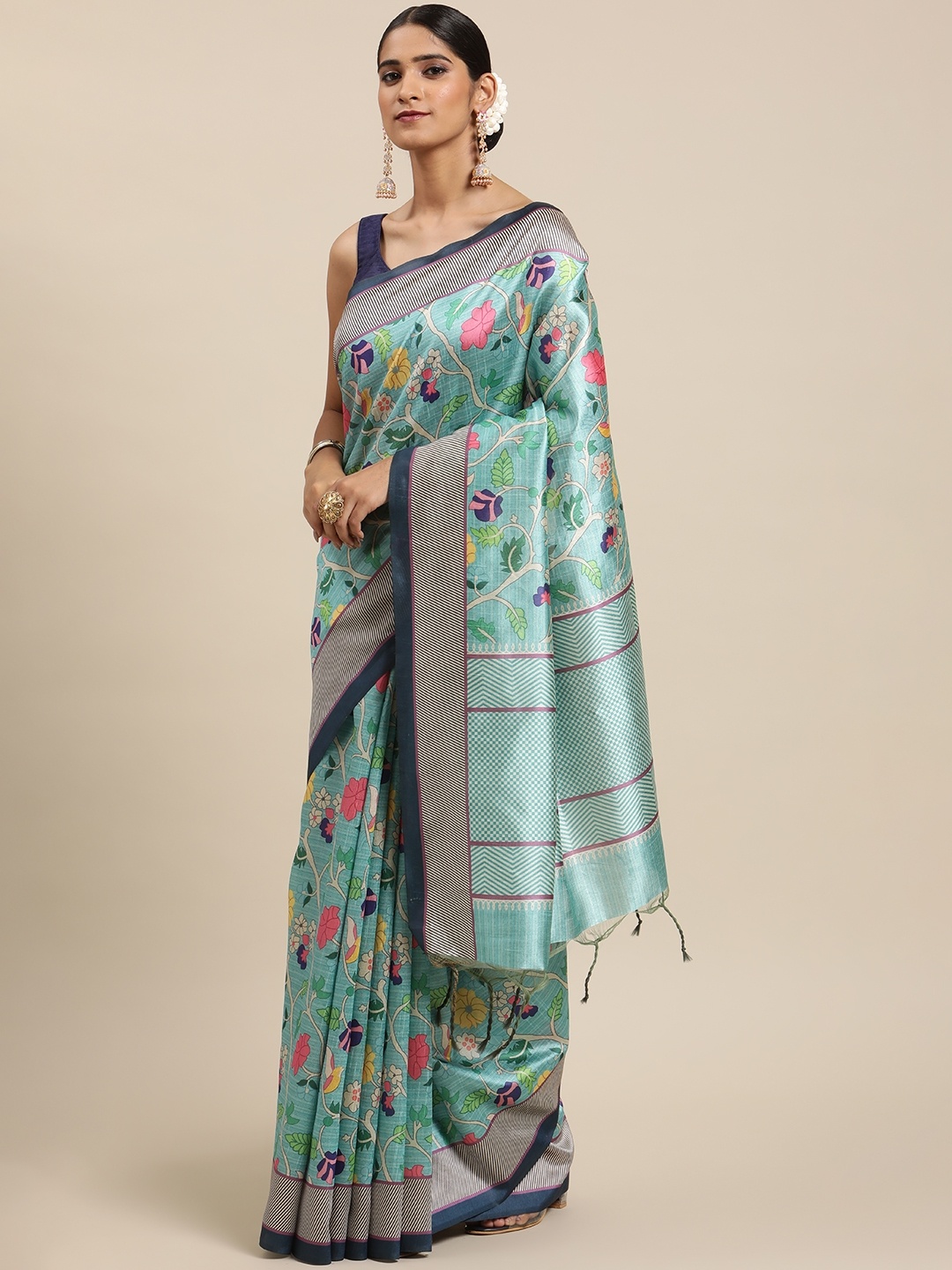 

VISHNU WEAVES Floral Printed Kalamkari Cotton Saree, Blue