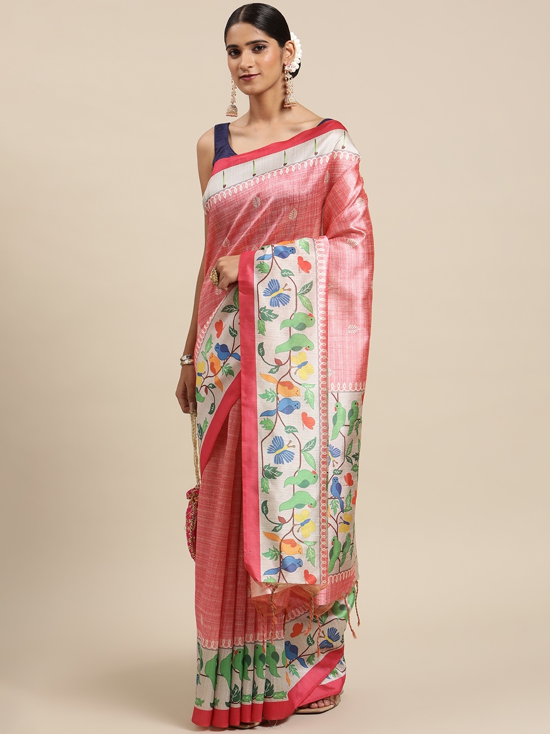 

VISHNU WEAVES Paithani Printed Kalamkari Cotton Saree, Coral
