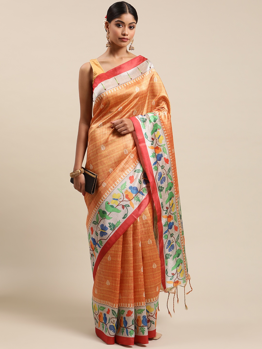 

VISHNU WEAVES Paithani Printed Kalamkari Cotton Saree, Orange