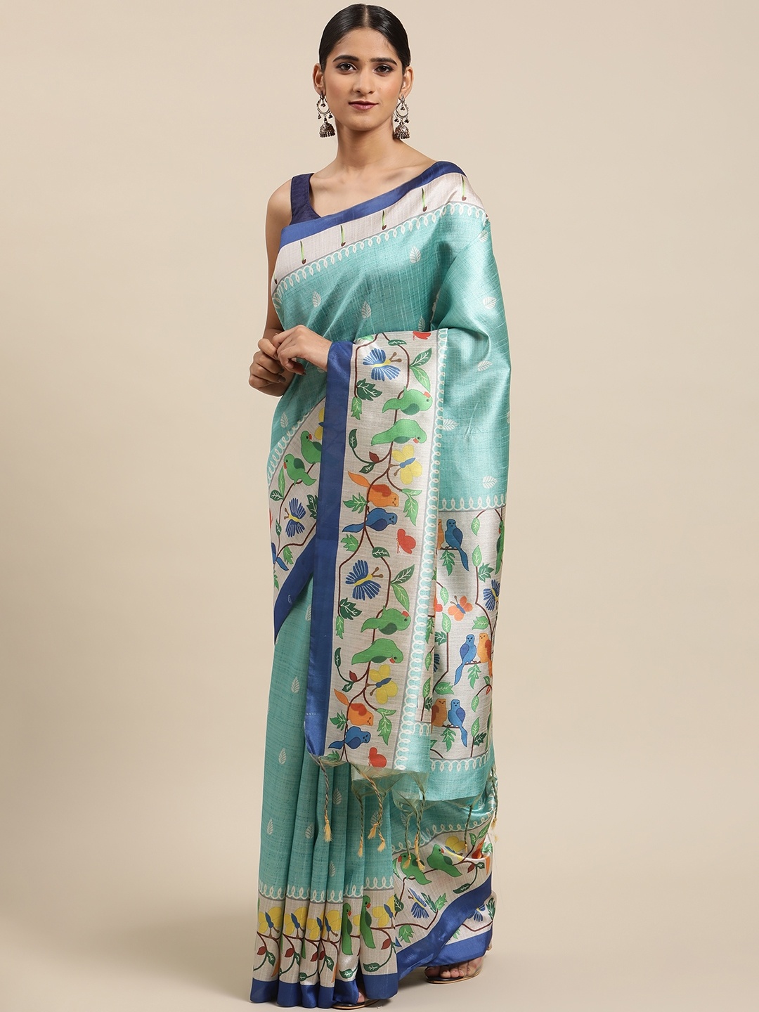 

VISHNU WEAVES Paithani Printed Kalamkari Cotton Saree, Blue