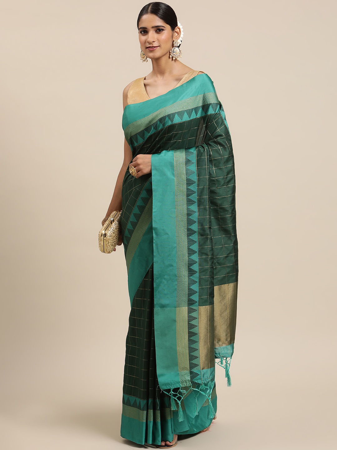 

VISHNU WEAVES Green & Blue Ethnic Motifs Zari Banarasi Saree